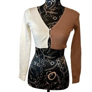 Wild Fable Womens Colorblock‎ Ribbed Cropped Cardigan Tan Cream XS